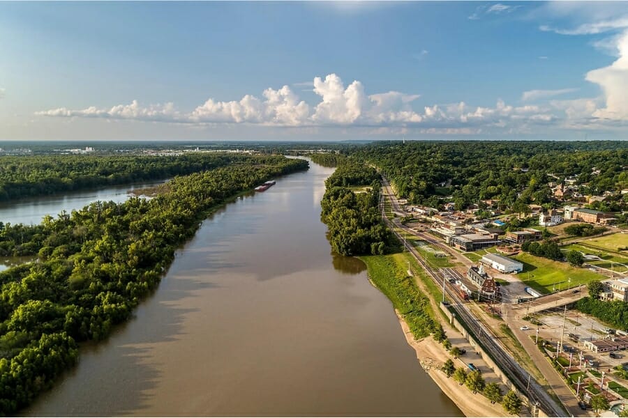 An aerial view of the Yazoo River flowing through different cities