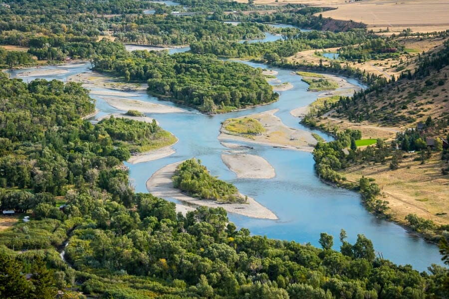 Aerial view of most of the stretch of the Yellowstone River