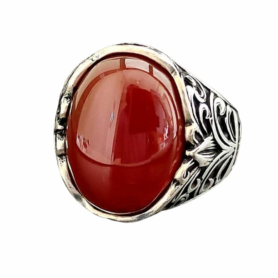silver solitaire ring with deep red agate cabochon