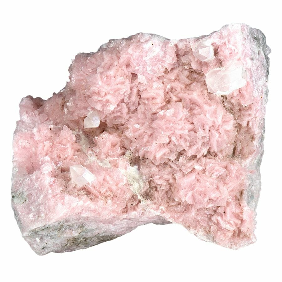 cluster of light pink rhodochrosite crystals with quartz