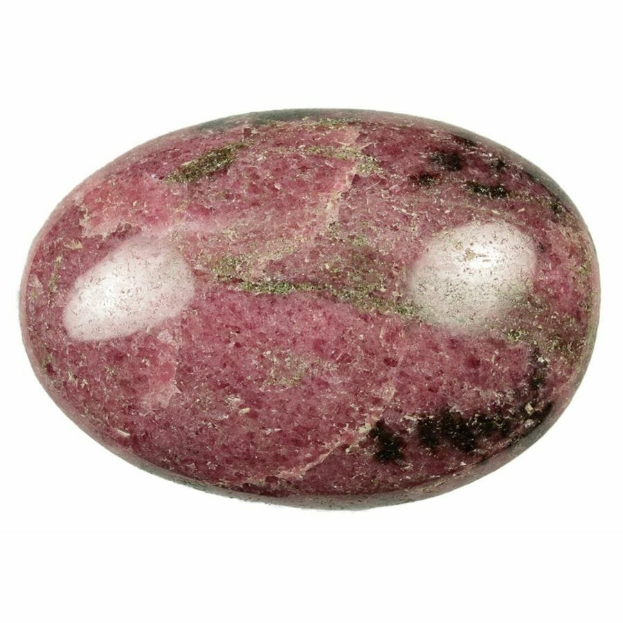 polished pink rhodonite palm stone with brown and black veins