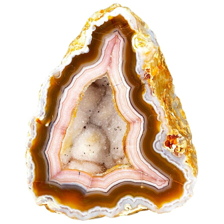 Stunning cut and polished agate with an open pocket lined with quartz 