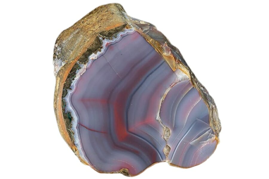 A beautiful agate that's slabbed and polished on one end, showing grayish blue and reddish banding