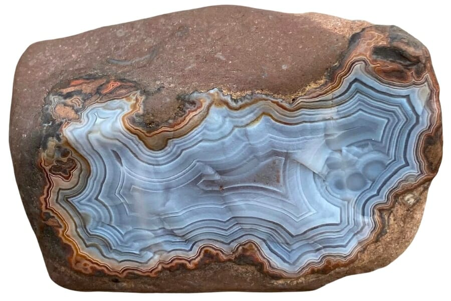 Close look at a brown agate showing bluish gray banding
