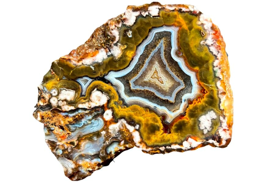 A beautiful floater agate with vivid bands and swirls of yellow, white, and orange