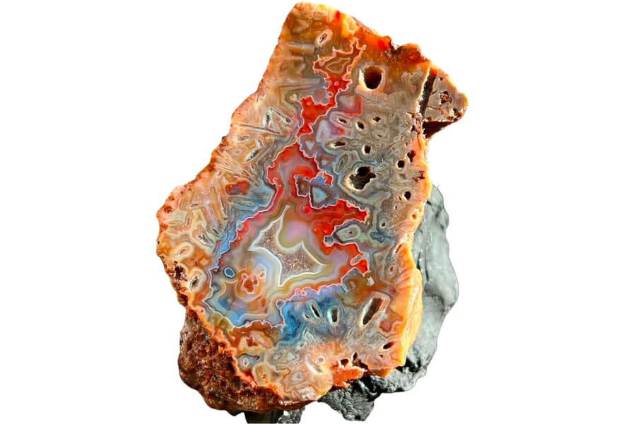 A beautiful agate showing amazing banding and patters in orange, brown, and white