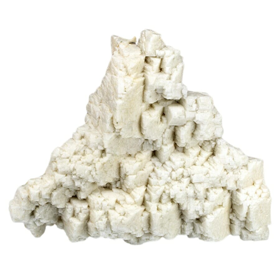A snowy white cluster of albite crystals in a pyramid-like formation