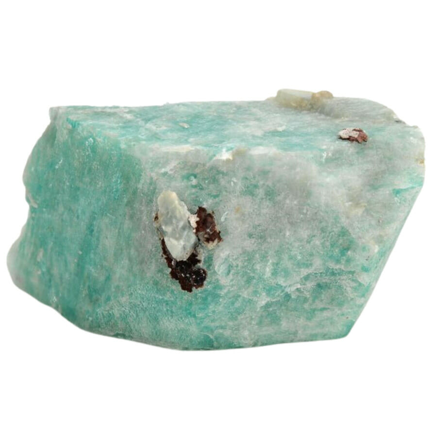 A dazzling amazonite crystal with hues of white and blue green and patches of brown crystals