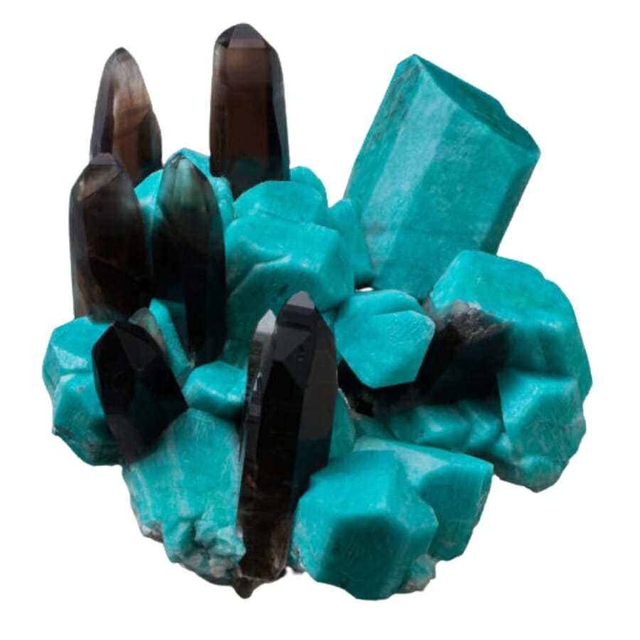 A pretty blue-green colored amazonite crystal with towers of black crystals on it