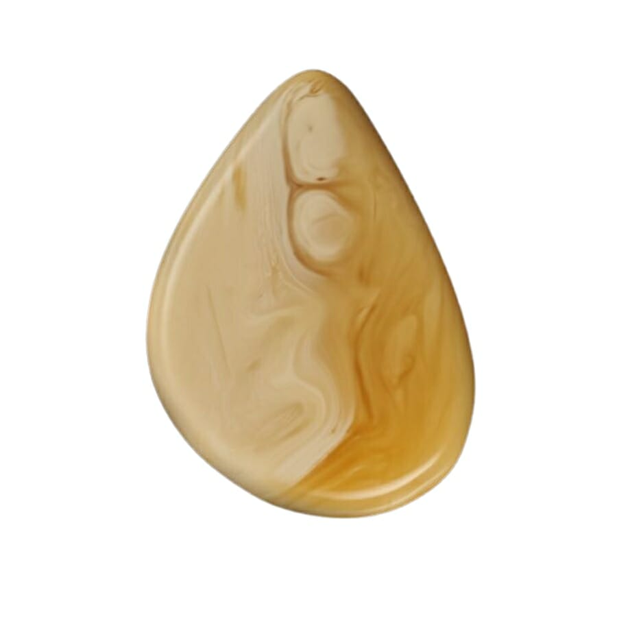 A very smooth and shiny tear-drop shaped amber gemstone with a distinct pattern