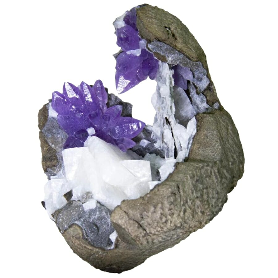 Stunning deep purple amethyst crystals perched on chabazite and druzy matrix