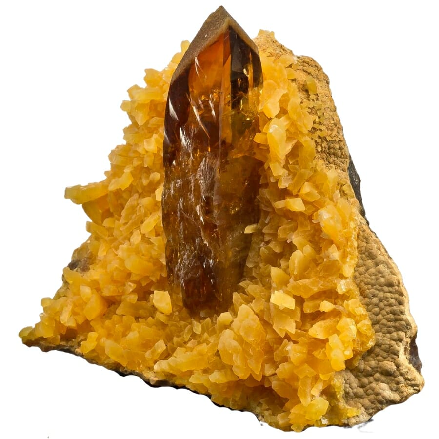 Sweet root beer-colored barite on yellow calcite