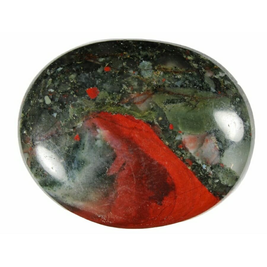 A dazzling polished bloodstone gemstone with its red colors flowing like blood.
