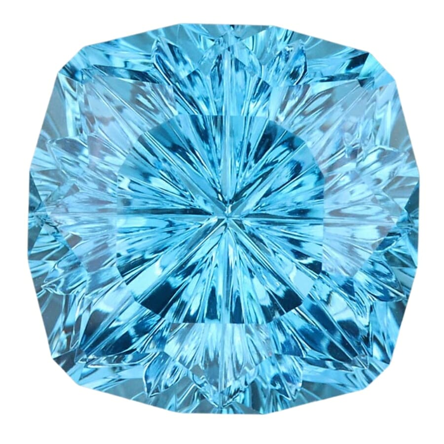 A stunning square-shaped blue topaz with mesmerizing crystals