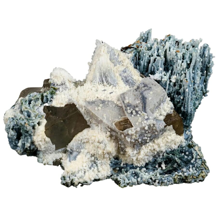 A distinct and rare blue chalcedony stalactites around a mineral