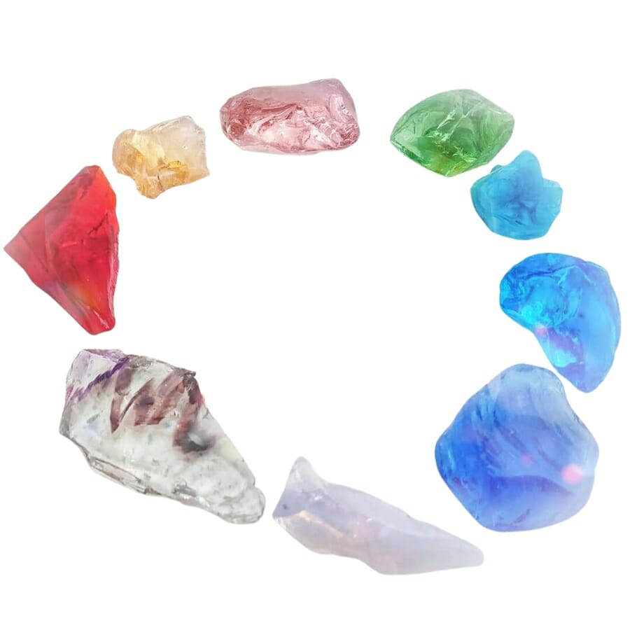 A circle formation of different gorgeous colors of Andara crystals