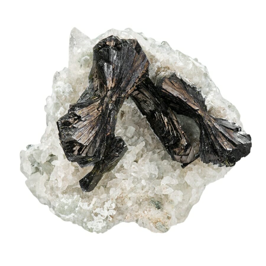 A unique bowtie-shaped epidote on a white crystal