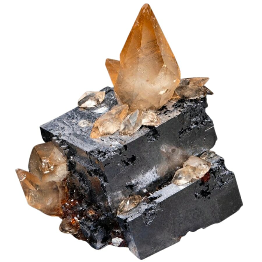 Elmwood calcite atop silvery gray cubic galena