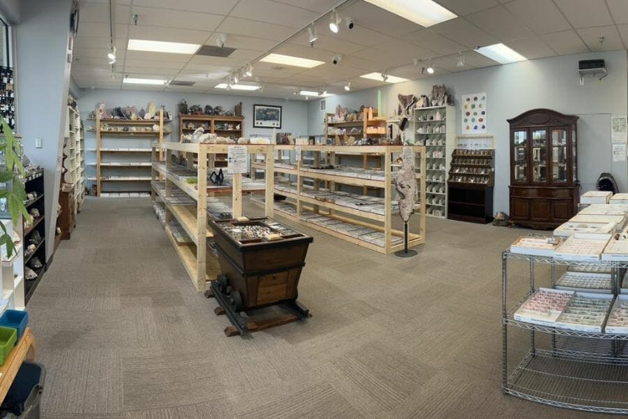 interior of a Tennessee rock shop with shelves displaying rocks, minerals, and crystals for sale