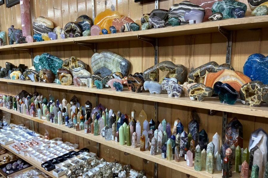 shelves full of rocks and crystals at the Ken's Minerals & Trading Post
