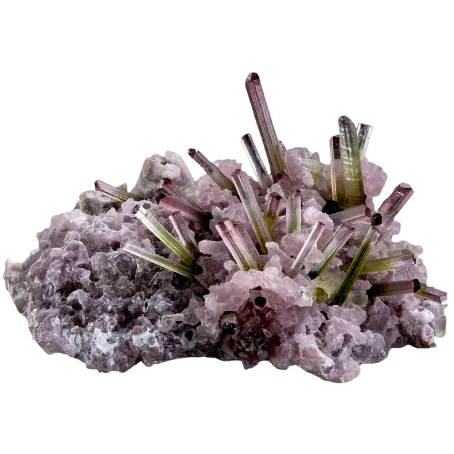 A marvelous lepidolite crystal with watermelon tourmaline crystals sticking out of it