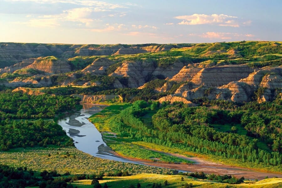 Scenic aerial view of the Little Missouri River and its surrounding formations