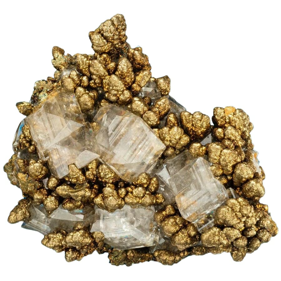 Interestingly-shaped golden marcasite with clear calcite crystals attached