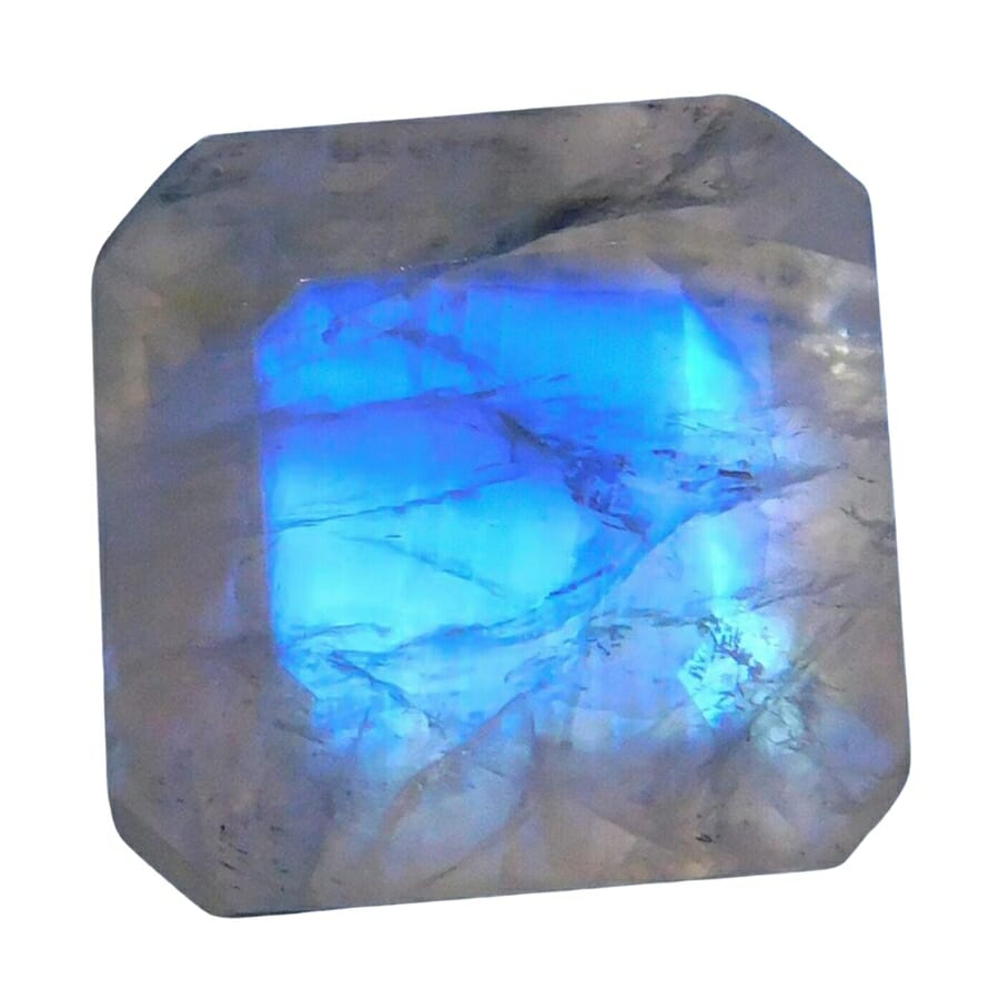 A square-shaped glowing moonstone specimen