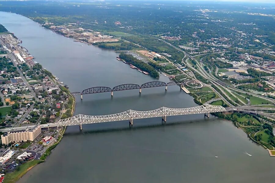 Aerial view of the stretch of Ohio River, its bridges and it surrounding lands