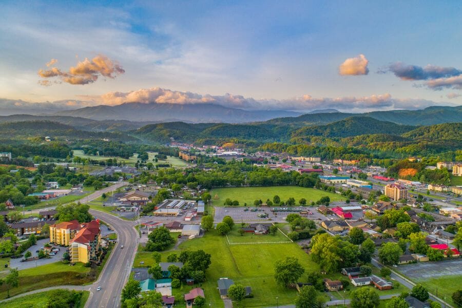 aerial view of Pigeon Forge, Tennessee, showing the town and the surrounding green hills