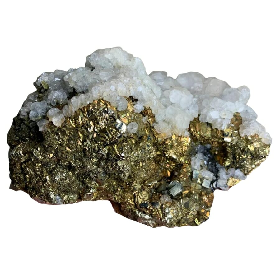 A brilliant pyrite mineral with different beautiful hues and a cap of white crystals