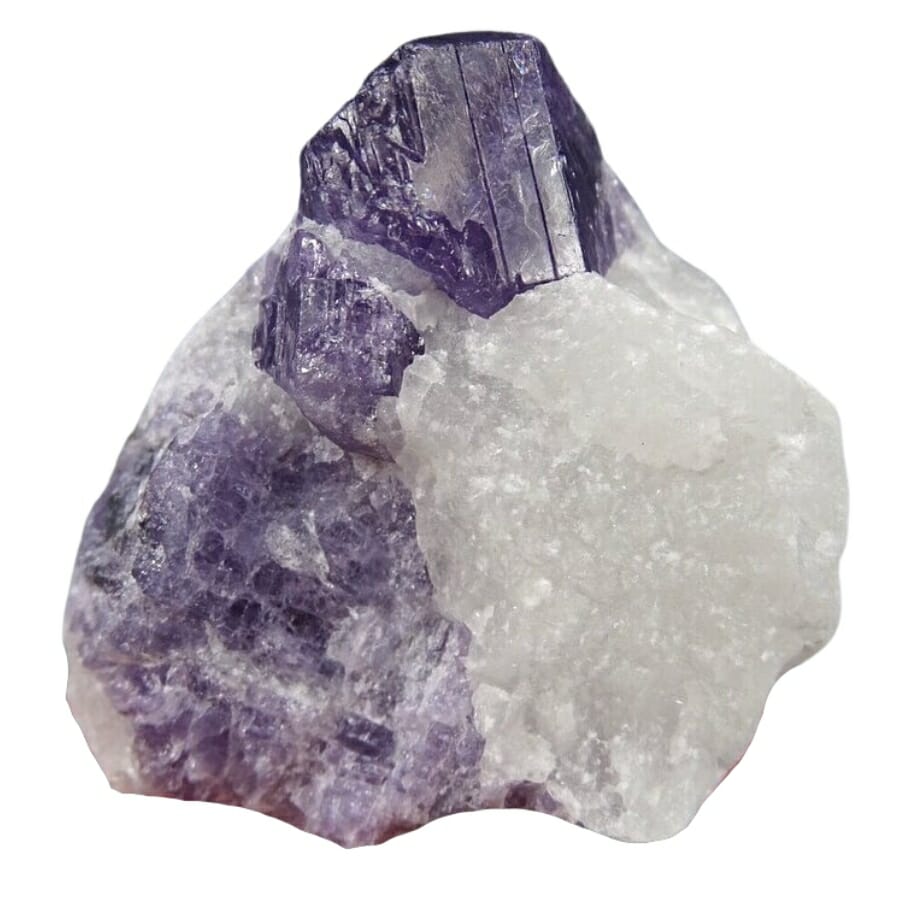 A majestic purple scapolite specimen beside a milky white crystal