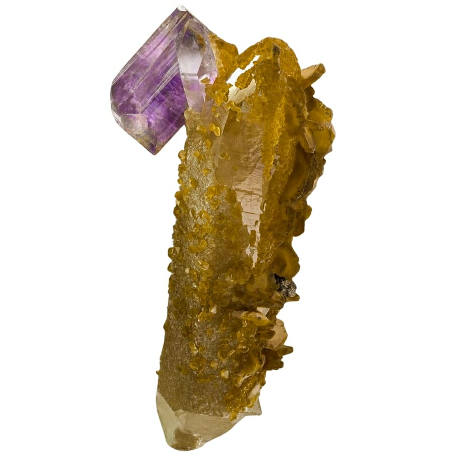 Yellow-green siderite covering a quartz with a lavender fluorapatite on the side