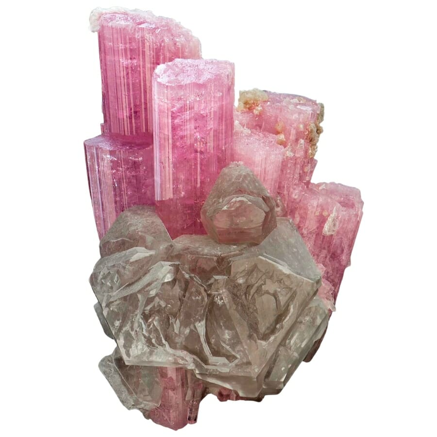 Pink tourmaline crystals on smoky quartz