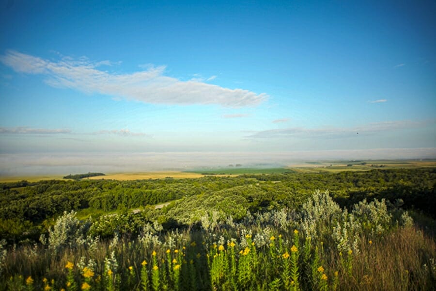 Wide view of the scenic byway of Turtle Mountain