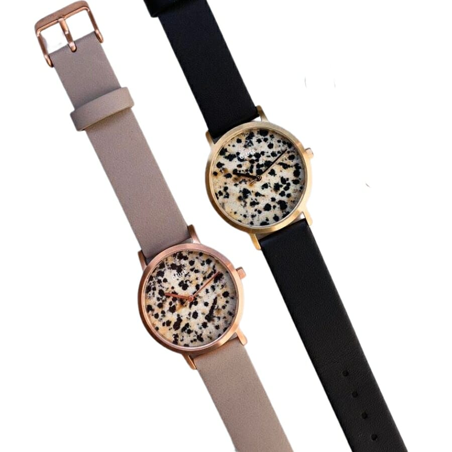Two watches made out of Dalmatian stones