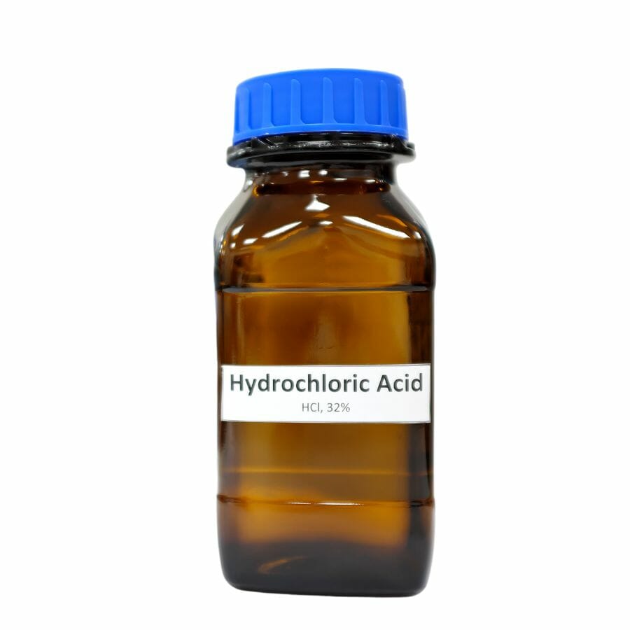 bottle made of amber colored glass and blue cap with a label saying "hydrochloric acid"