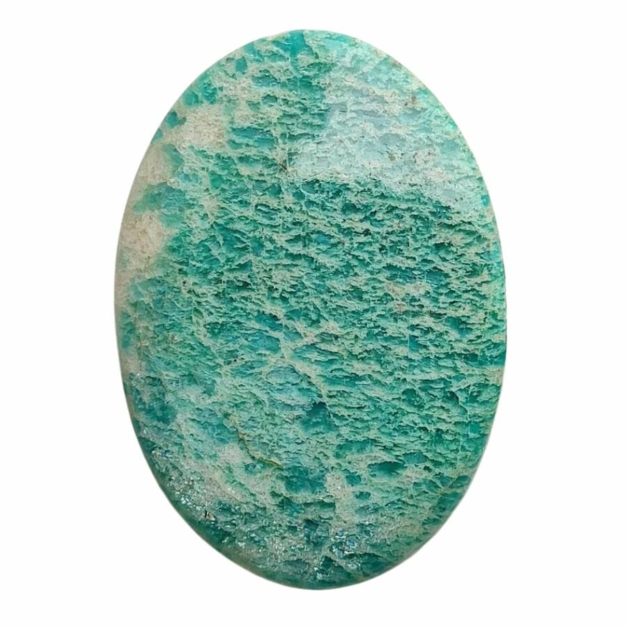smooth oval amazonite cabochon with blue-green base and white patterns
