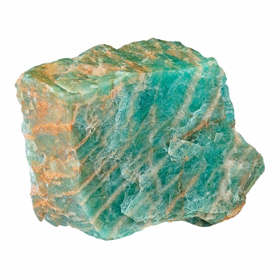 rough chunk of amazonite with orange stripes all across its surface