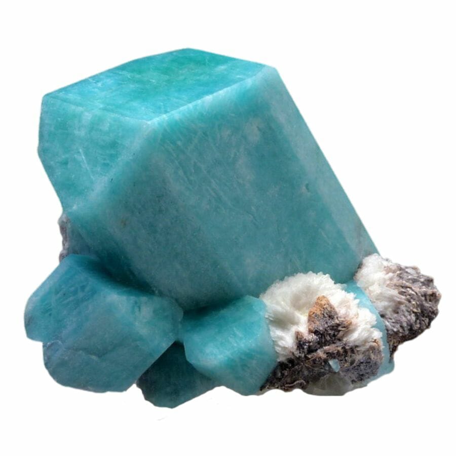 cluster of sky blue amazonite crystals with cleavelandite