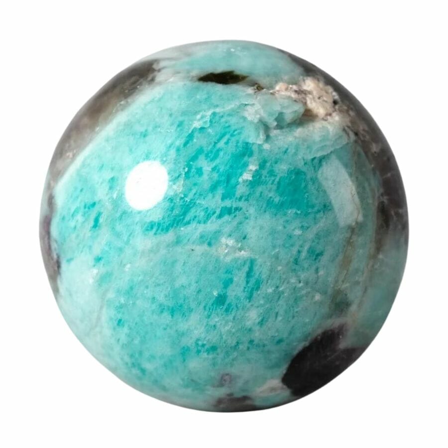 sphere of ocean blue amazonite with lepidolite mica and smokey quartz