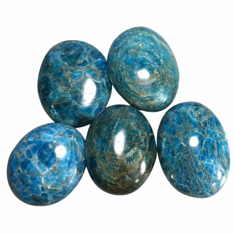 polished blue apatite stones with white and brown veins