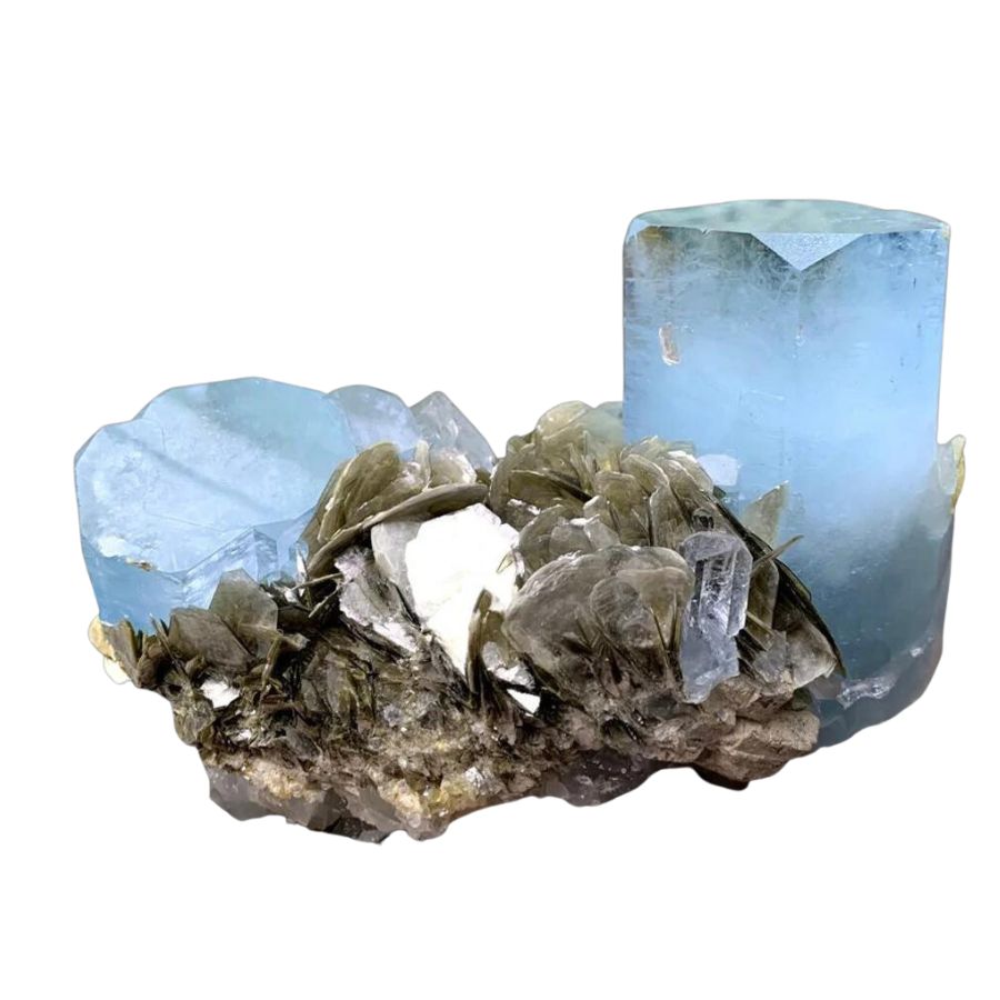 pale blue aquamarine crystals on a matrix