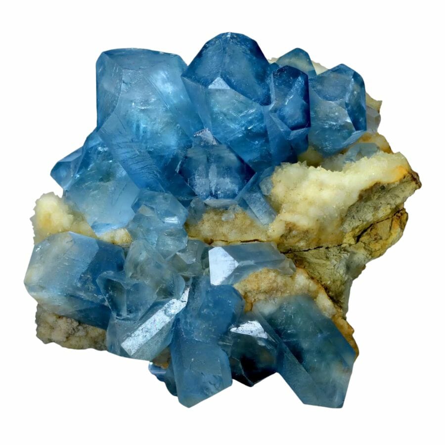 cluster of rough sky blue celestite crystals
