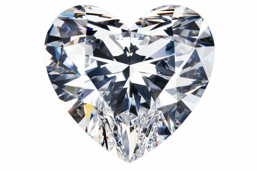heart-shaped clear diamond showing how its facets reflect light