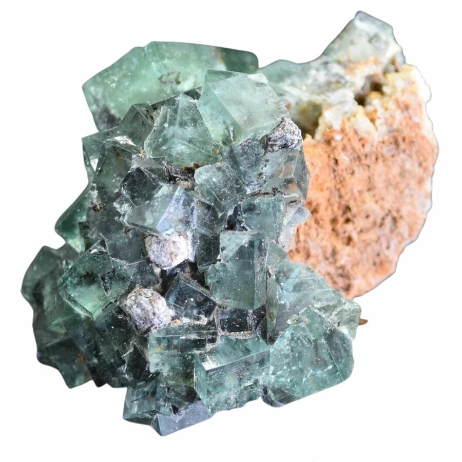 cluster of green cube-shaped fluorite crystals on a rock