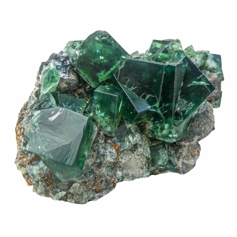 deep green fluorite crystals on a rock