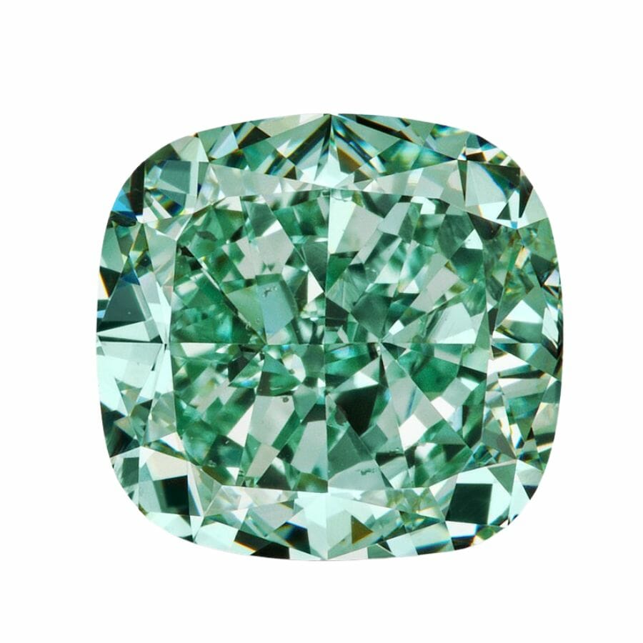 cushion cut green diamond showing how its facets reflect light