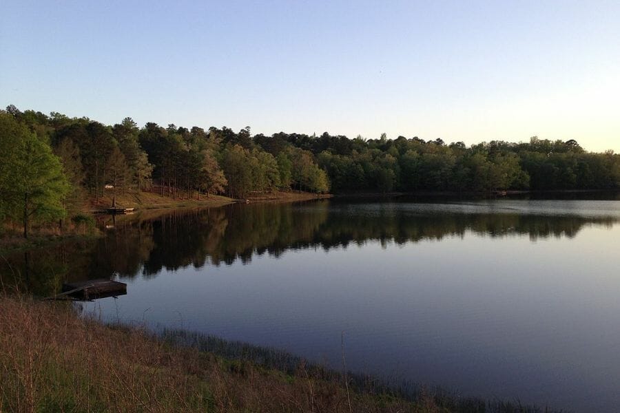 photo of a lake in Holly Springs National Forest, Mississippi, with trees on the beach