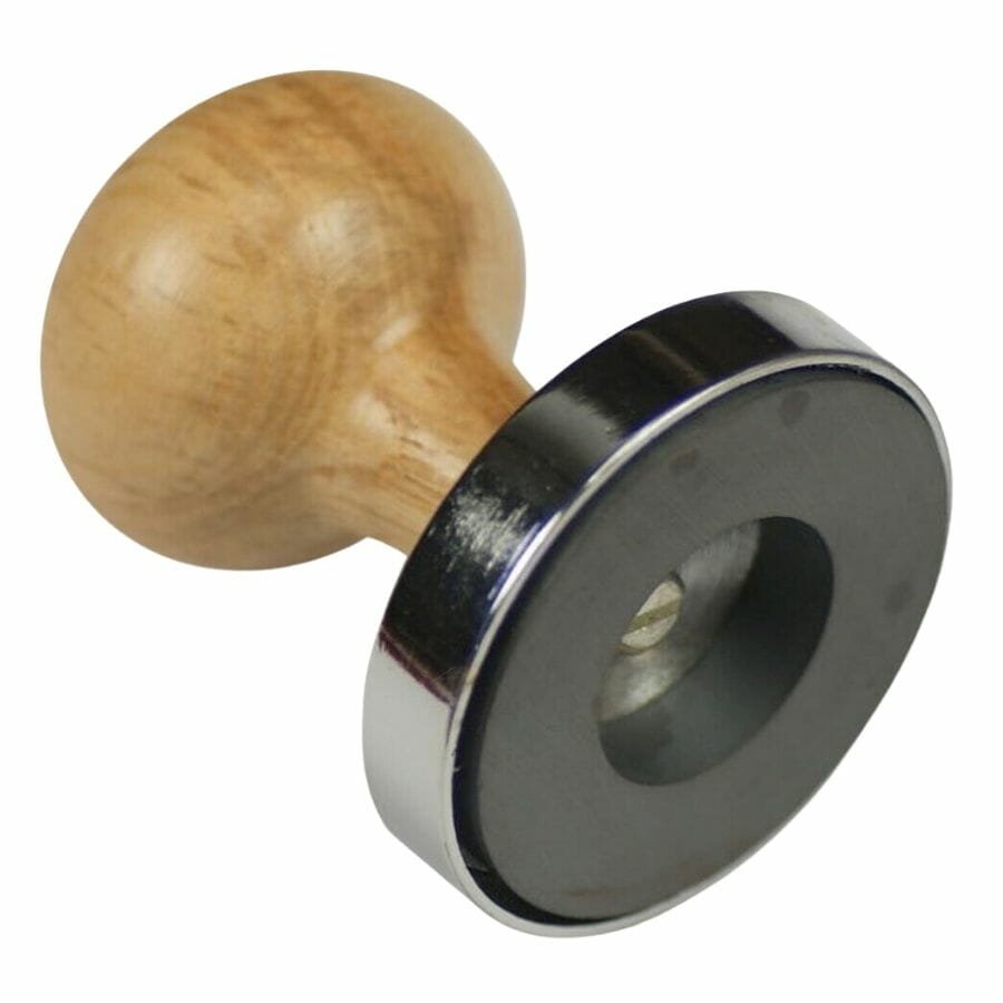 round magnet with a wooden handle, used for testing magnetism in metals